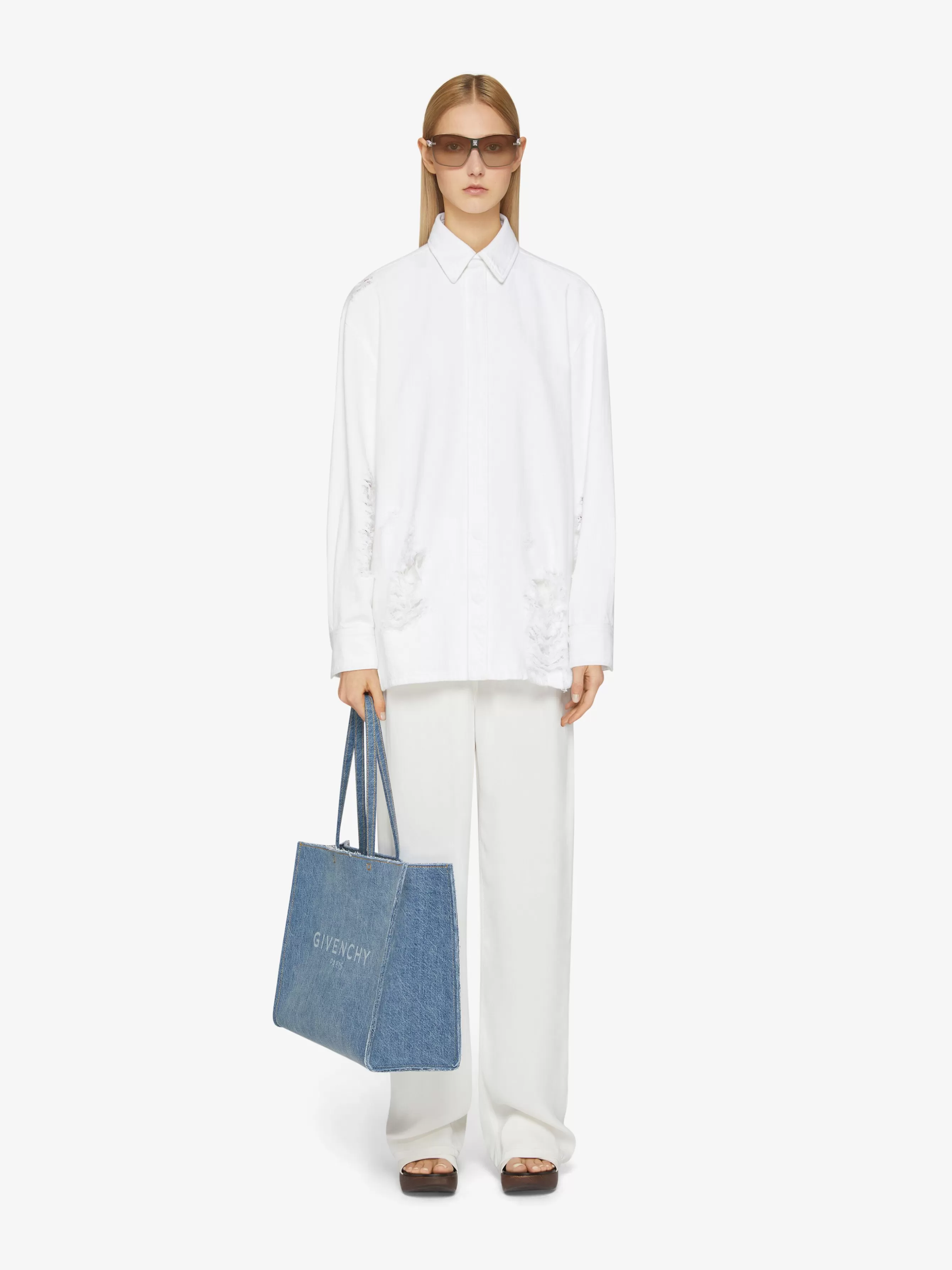 Sale GIVENCHY Tops & T-shirts-Oversized shirt with long back in destroyed denim